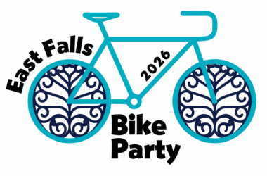 Logo for East Falls Bike Party 2026 featuring a stylized blue bicycle with decorative wheels and event text around the bike.
